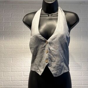 Love Tree Womens Halter Top Gray Linen Blend Smocked Vest Sleeveless M
